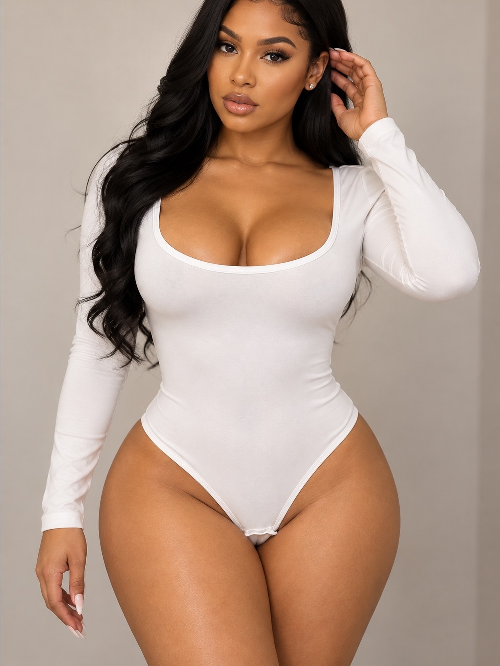 Women’s Long Sleeve Scoop Neck White Bodysuit